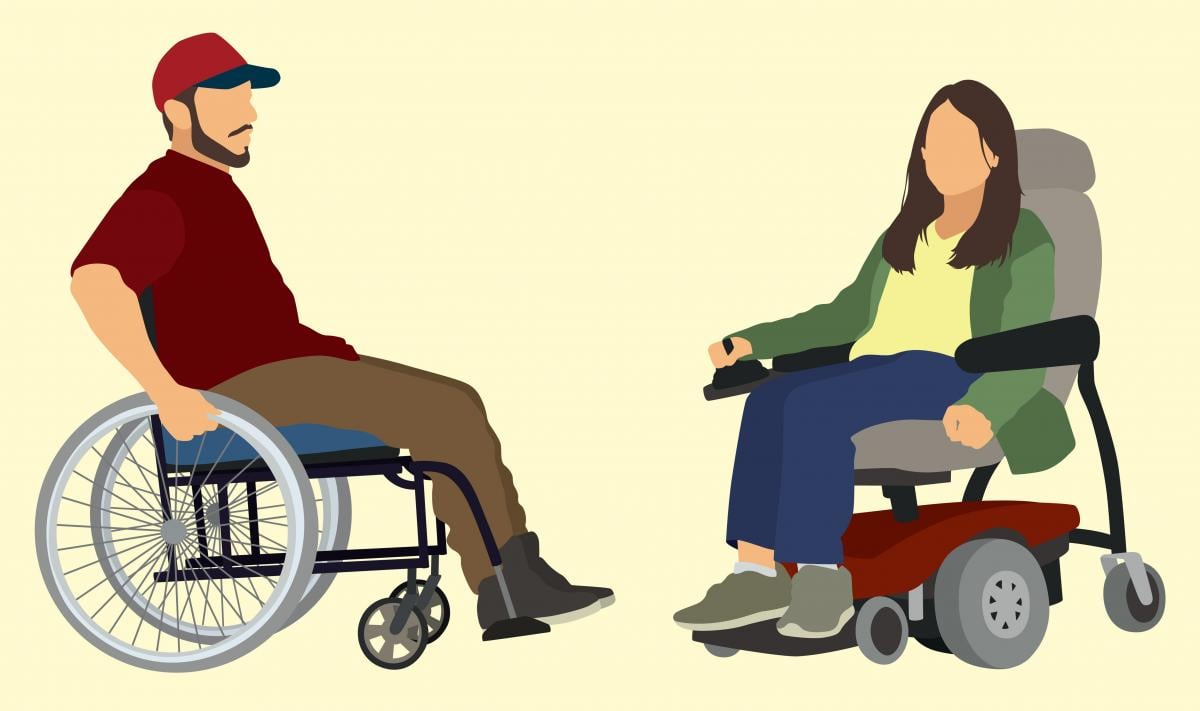 Illustration of male seated in manual wheelchair and female seated in powered wheelchair