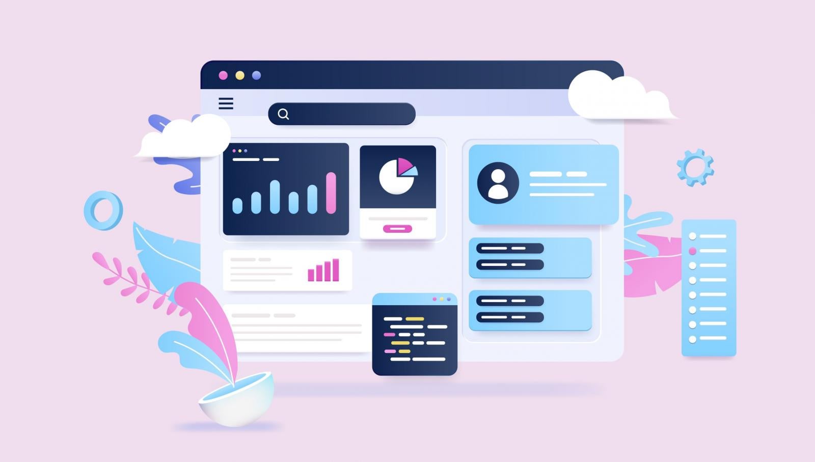 Illustrated computer system with graphics and charts