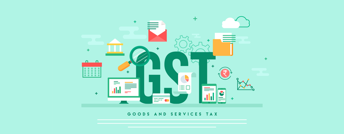 Illustration with the word 'GST' surrounded by business related icons