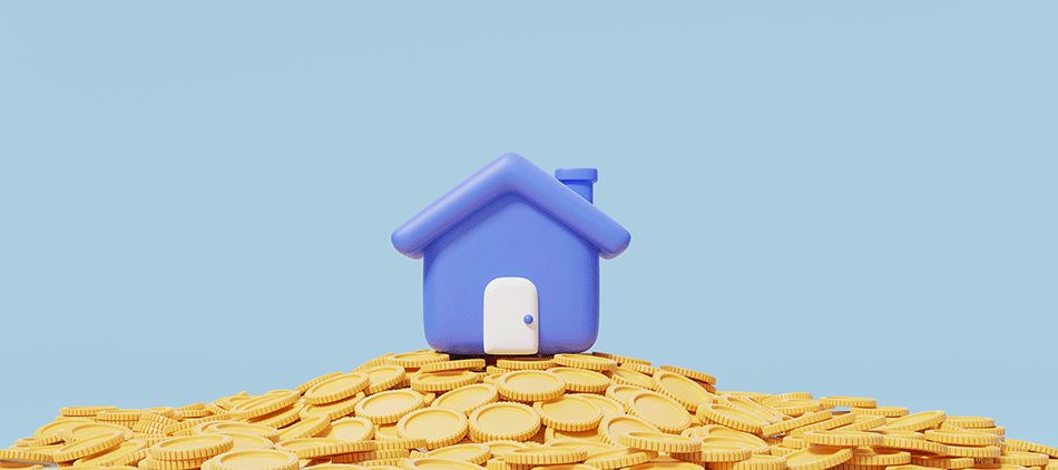 Comic image of a house on a pile of gold coins