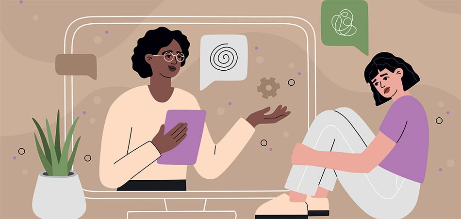 A comic representation of 2 people undergoing teletherapy