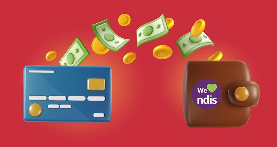 An illustration of a credit card and wallet with an 'i love the ndis' sticker