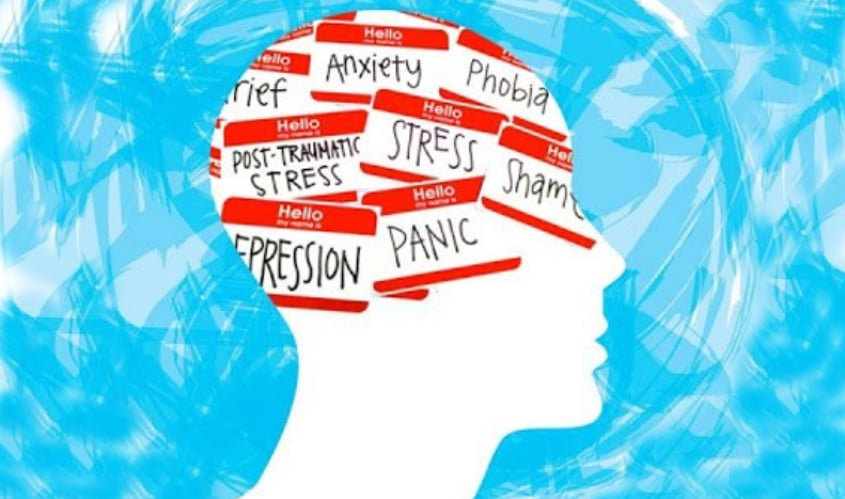 Profile with words taped to the head