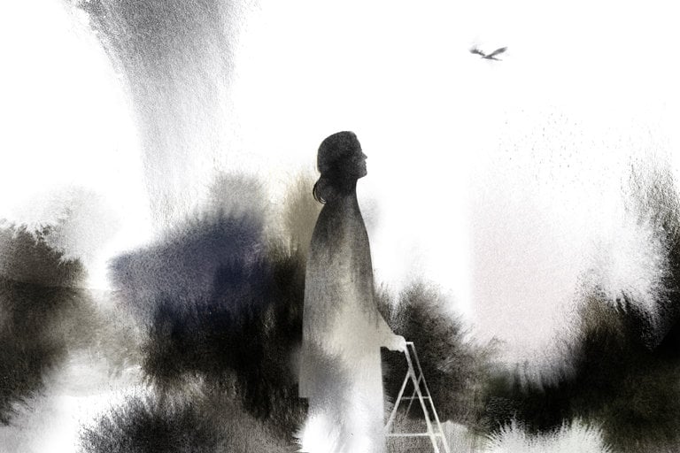 Black and white abstract painting of a woman walking with the aid of a walker. She looks at the sky and there is a bird in the distance