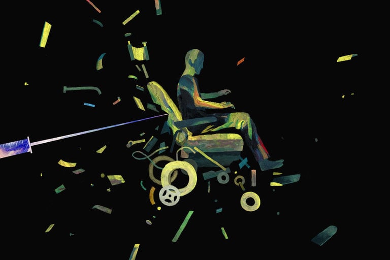 painting of a man in a wheelchair against a black background