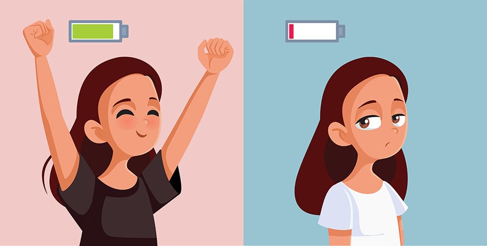 There are 2 sides to this image: One has a woman with her arms up and the image of a full battery icon above her. The other has a sad deflated woman with an empty battery icon above her.